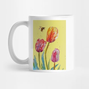 Tulip Flower Watercolor Painting and Bee on Yellow Mug